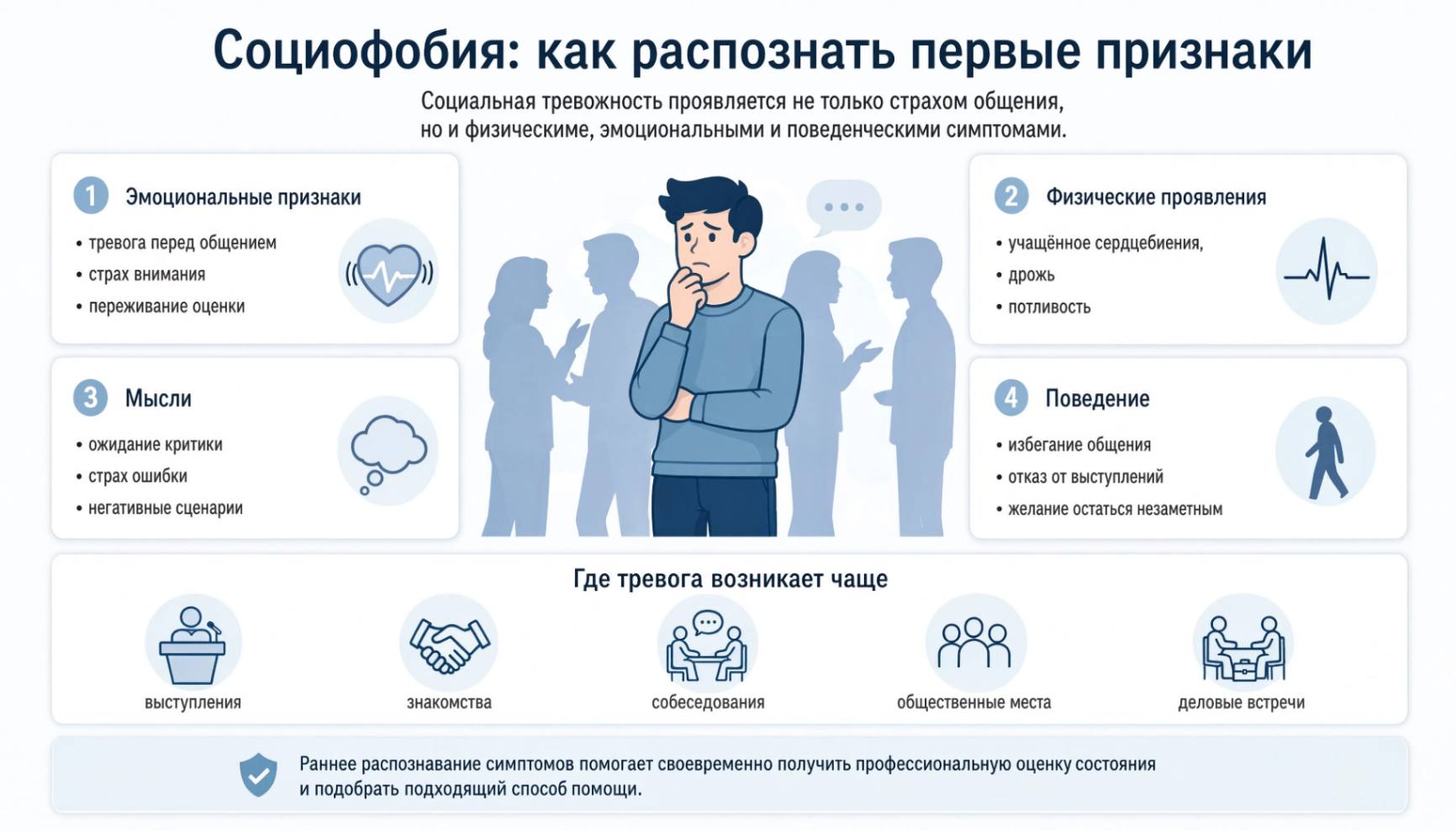 Инфографика с основными эмоциональными, физическими, когнитивными и поведенческими признаками социофобии, а также ситуациями, в которых чаще возникает социальная тревожность